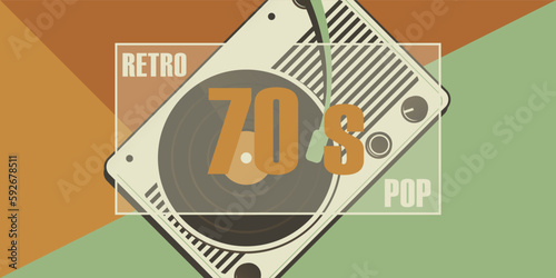 Tape recorder for playing vinyl records retro background. 70s concept.