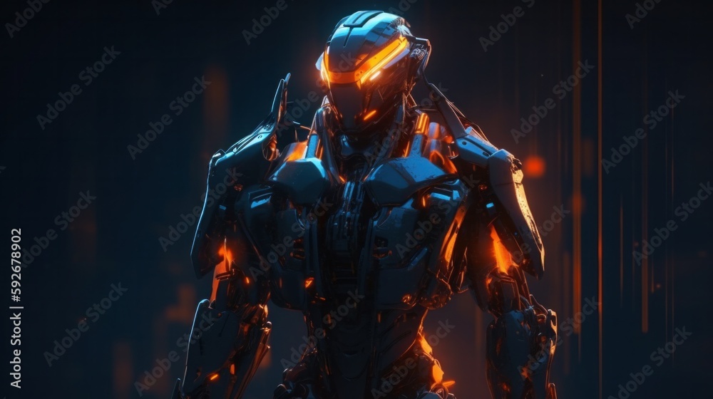 Robot army with orange and black lights. Generative AI. Robot army with orange and black lights. Generative AI.