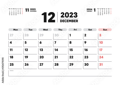 2023年12月のカレンダー - 月曜始まりの月めくりマンスリーカレンダー - 3ヶ月分･A版比率
