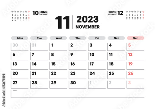 2023年11月のカレンダー - 月曜始まりの月めくりマンスリーカレンダー - 3ヶ月分･A版比率
