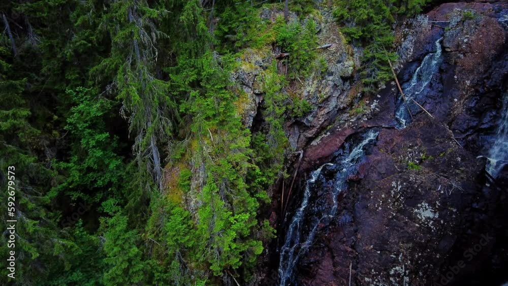 Panning shot, down view of cascade of Styggforsen waterfall. Tourist travel location in a nature reserve in Boda Dalarna County Sweden Panning shot, down view of cascade of Styggforsen waterfall. Tourist travel location in a nature reserve in Boda Dalarna County Sweden