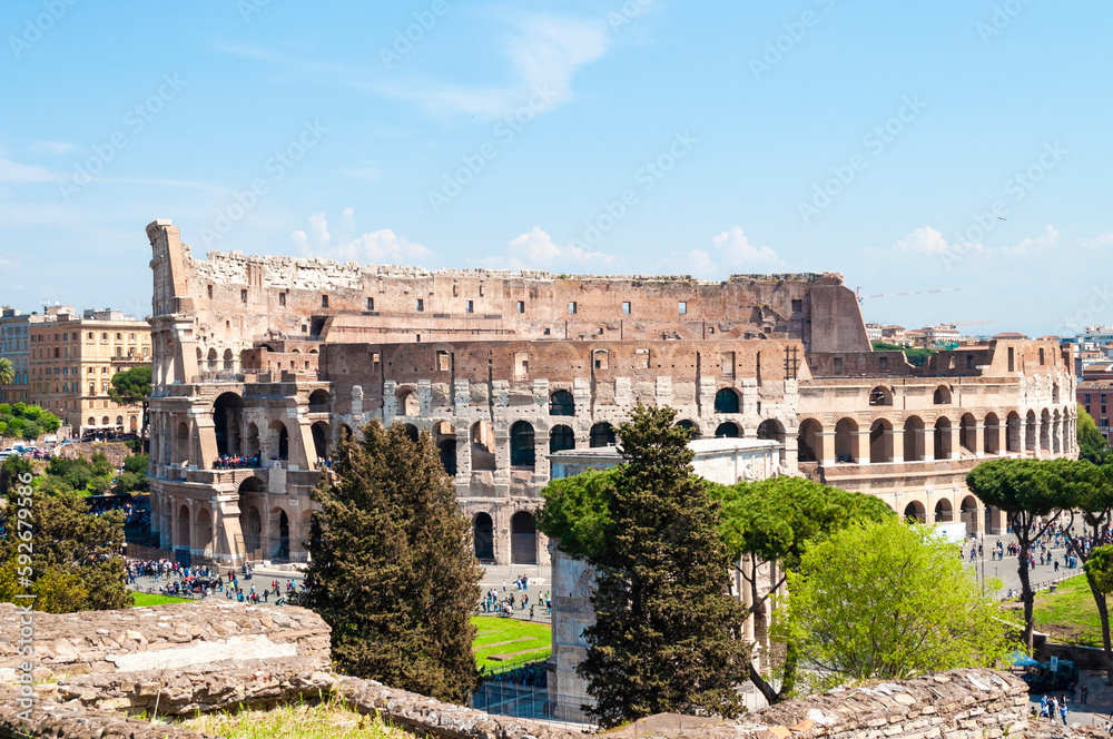 View of the Colosseum from the Palatine Hill. Rome, Italy, Europe.