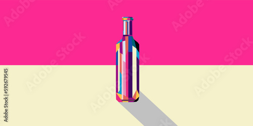 Multicolored wine bottle in cubism style on pink background in minimal style.