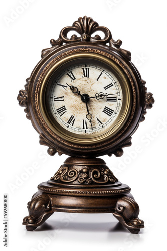 3D illustration of classic vintage table clock isolated on white background. Classic and retro style clock design gives the feeling of having an antique clock.
