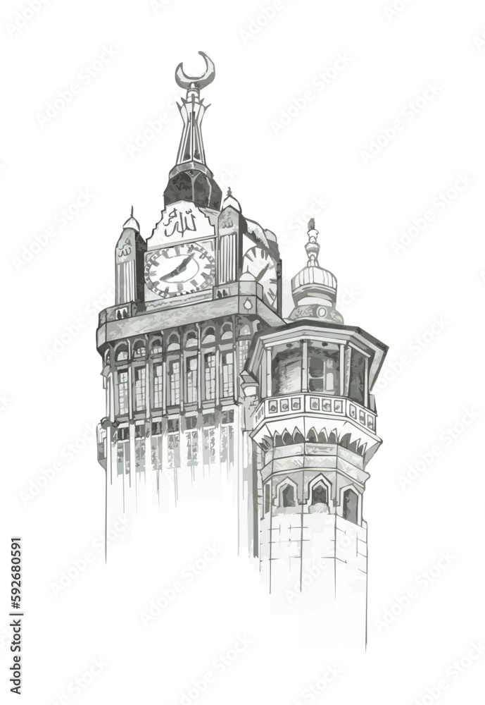 Handdrawn Sketch of the Makkah Clock Tower. Illustration. Architecture