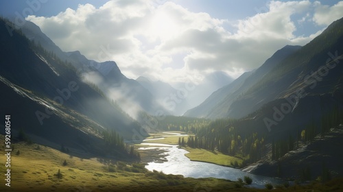 landscape with mountains, forest and a river, beautiful scenery. Generative AI