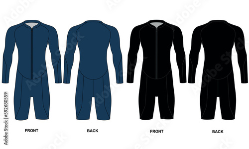 Vector drawing of a men's sports suit for triathlon, cycling, diving. Cycling jersey with front zip. Triathlon suit with long sleeves, front and back view. Male wetsuit template in black, blue colors,