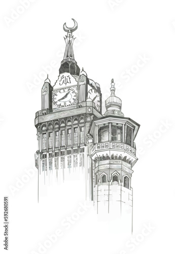 Hand-drawn Sketch of the Makkah Clock Tower. Illustration. Architecture