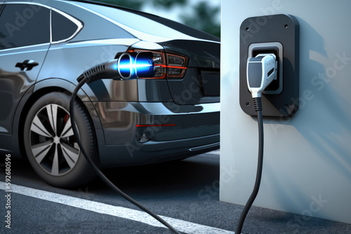A charging station for electric cars, a car of the present and the future, an environmentally friendly car, Generative AI.