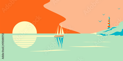 Vector illustration of a yacht or sailboat next to a lighthouse on the seashore against the backdrop of the sun in retro style.