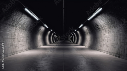 Dark Concrete Led White Lights Underground Tunnel Corridor Cement Asphalt Hallway Warehouse Tunnel Corridor Metal Structure Realistic Empty
