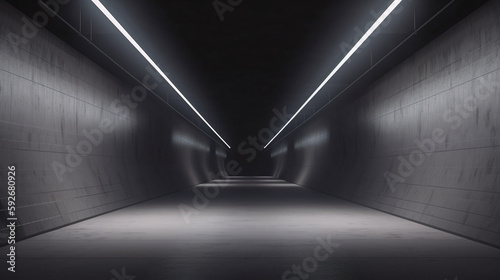 Fototapeta Naklejka Na Ścianę i Meble -  Dark Concrete Led White Lights Underground Tunnel Corridor Cement Asphalt Hallway Warehouse Tunnel Corridor Metal Structure Realistic Empty