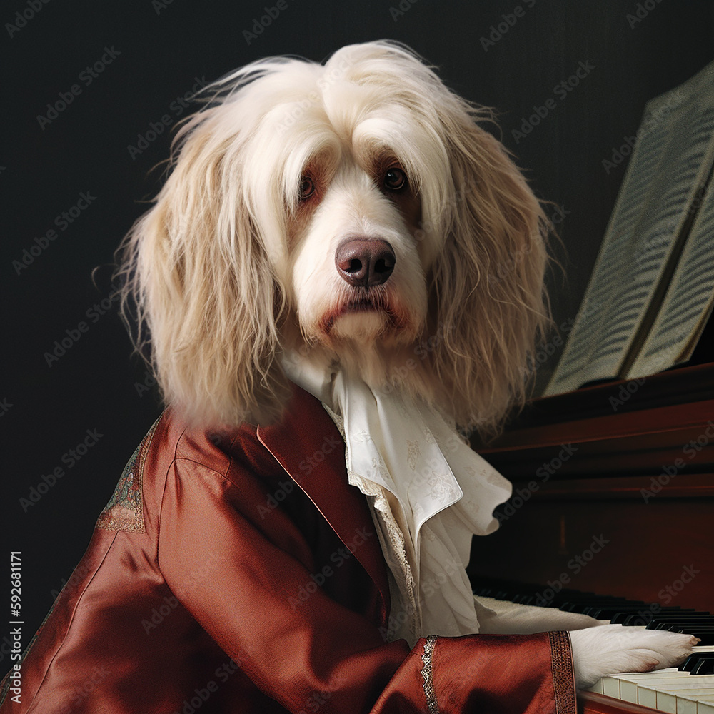 illustrazione di immagine surreale di cane simile a beethoven che suona