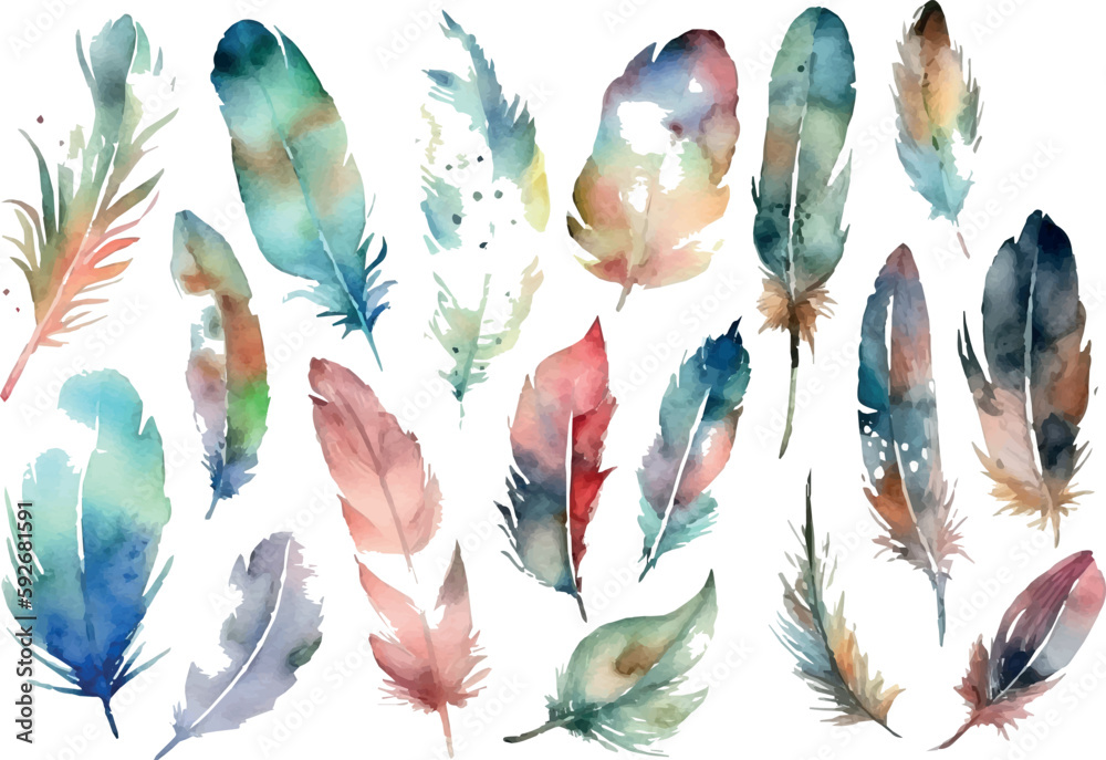 Vector Watercolor feathers illustration set - colorful watercolor ...