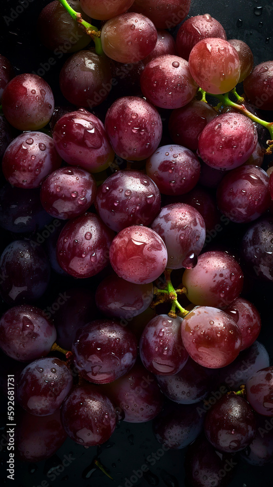 Fototapeta premium Fresh Grapes background, adorned with glistening droplets of water, top down view.