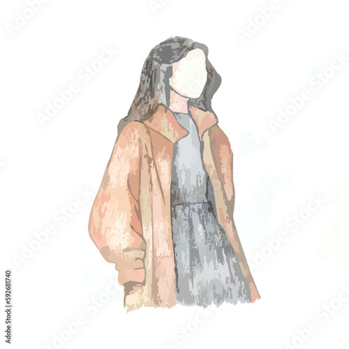 vector illustration of girl character with brown outer. sketch with colored pencil.