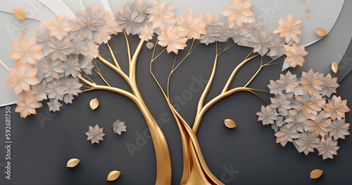 3d mural wallpaper abstract gray background tree with golden stem and flowers Fototapet
