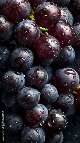 Fresh Grapes background, adorned with glistening droplets of water, top down view.