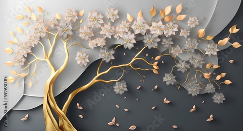 Valokuva 3d mural wallpaper abstract gray background tree with golden stem and flowers