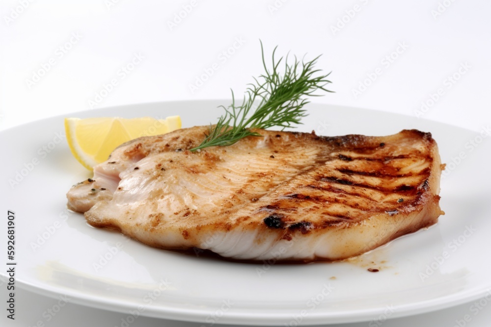 fish plate with lemon slice, white background grilled fish, dish fish plate with lemon slice, white background grilled fish, dish