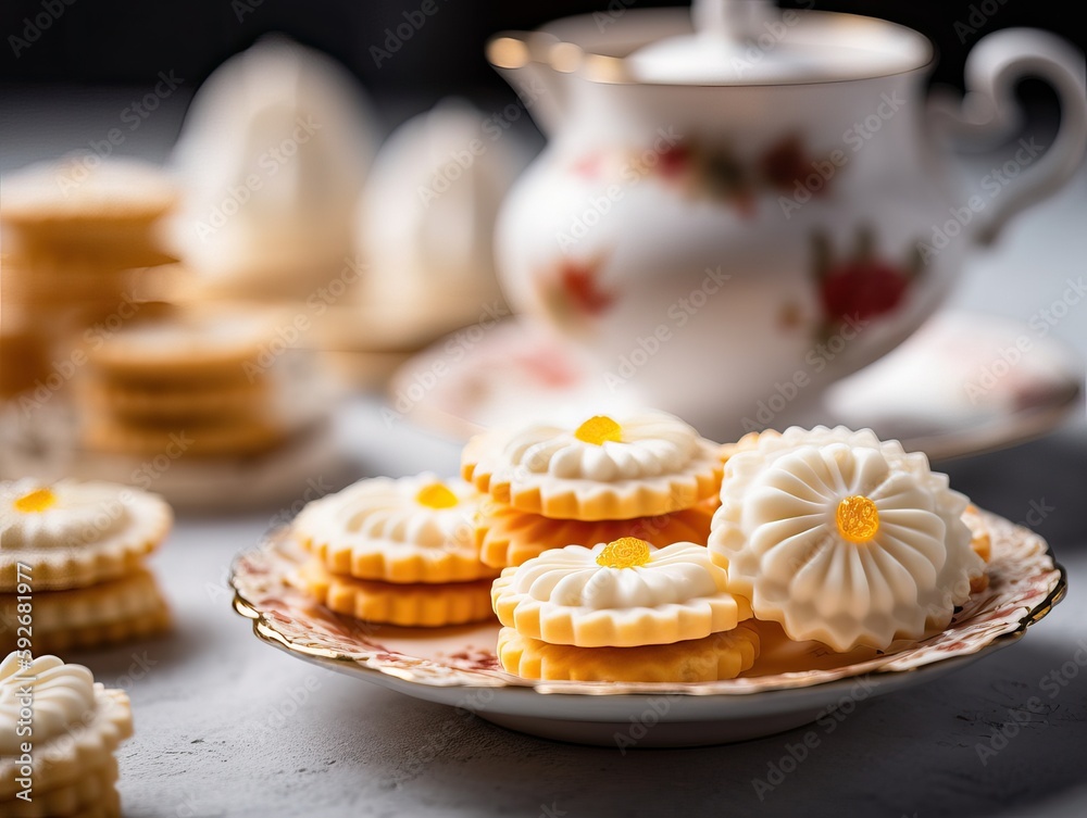 Homemade Shortbread cookies with fruits and tea on the table. Generative AI Homemade Shortbread cookies with fruits and tea on the table. Generative AI