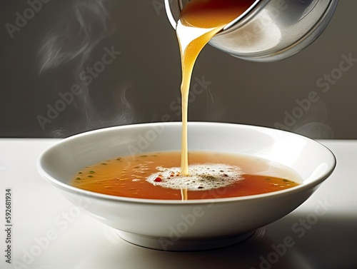 A steaming bowl of soup being poured into, close-up shot.