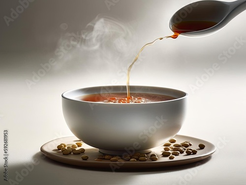 A bowl of steaming hot soup being poured.