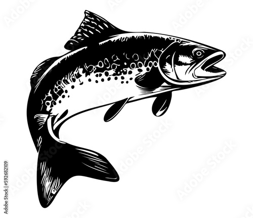Trout Fish,  trout jumping icon, Freshwater Salmon catch emblem, Fish jump sign.