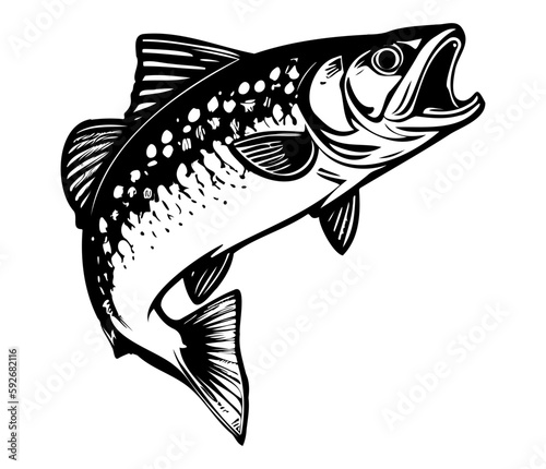 Trout Fish,  trout jumping icon, Freshwater Salmon catch emblem, Fish jump sign.