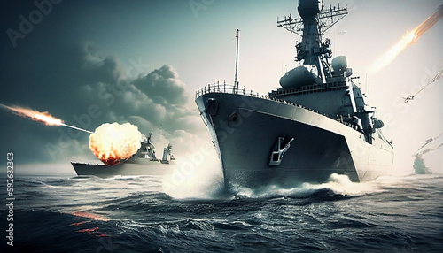 Fotografering Modern warships in battle. Generative AI