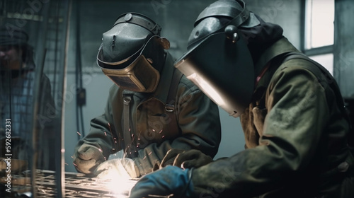 The welder works in a helmet. Generative AI