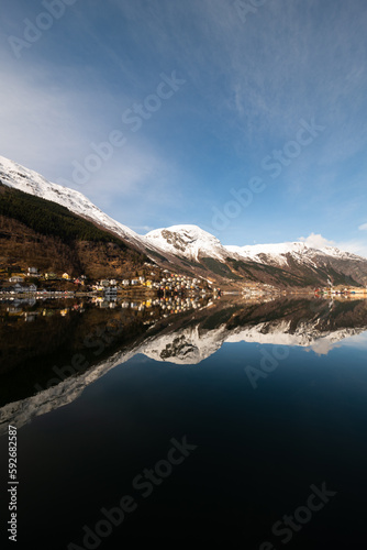 Homes and Mountains West of Sørfjord from Odda, Norway