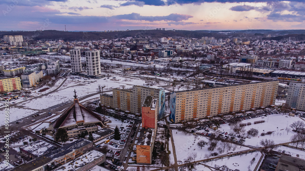 A block of flats in the Zaspa district of Gdańsk in a winter atmosphere. Drone view.

