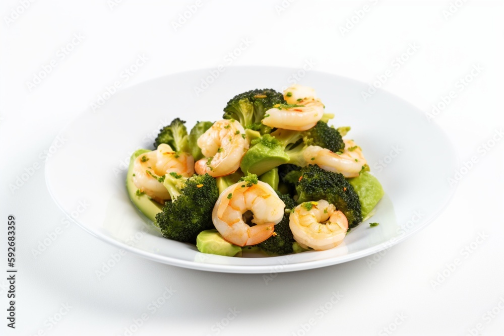 broccoli and shrimp in plate white clean background