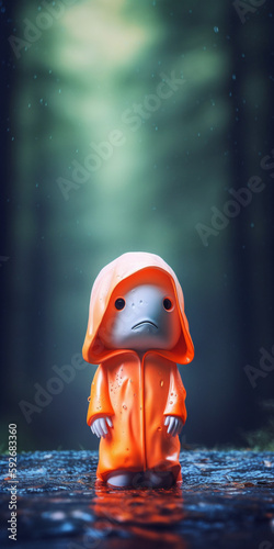 alien with a hoodie, in the background a gigantic blured blue forest, rain, toy art