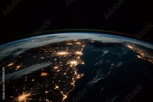 Earth from space at night with city lights. global overview. generative ai