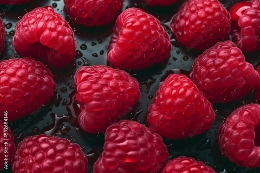 Raspberries in water droplets on a black background. AI Generated Raspberries in water droplets on a black background. AI Generated