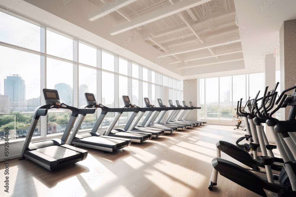 Fototapeta premium Modern exercise equipment in the new gym. AI Generated