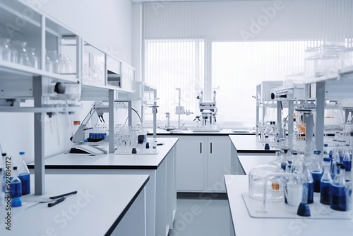 Modern Medical Research Laboratory with Microscope and Test Tubes on tables. AI Generated