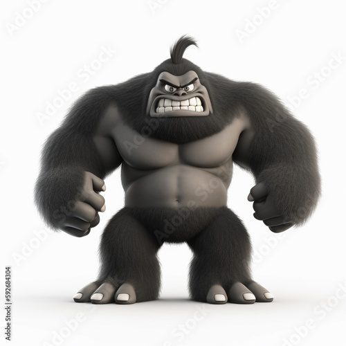 muscular monster character, resembling a gorilla, colored in black, with an angry expression, 3d illustration, generative ai photo