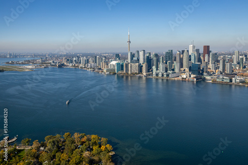 Photography An aerial view of Toronto Skyline from over Wards Island with the Island Ferry in the foreground