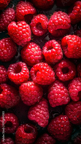 Fresh Raspberries background, adorned with glistening droplets of water, top down view.