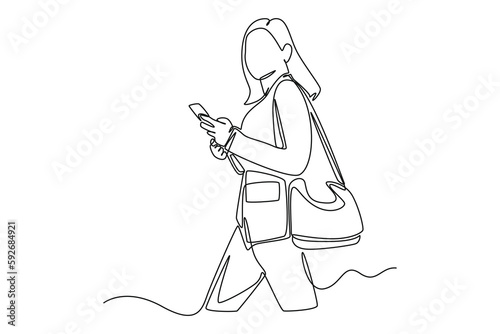 Continuous one line drawing businesswoman walking to office. Business activities concept. Single line draw design vector graphic illustration.