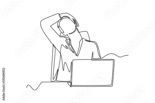 Continuous one line drawing female employee stretching at office. Business activities concept. Single line draw design vecto