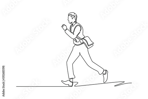Continuous one line drawing businessman running in a hurry to go to the office. Business activities concept. Single line draw design vector graphic illustration.