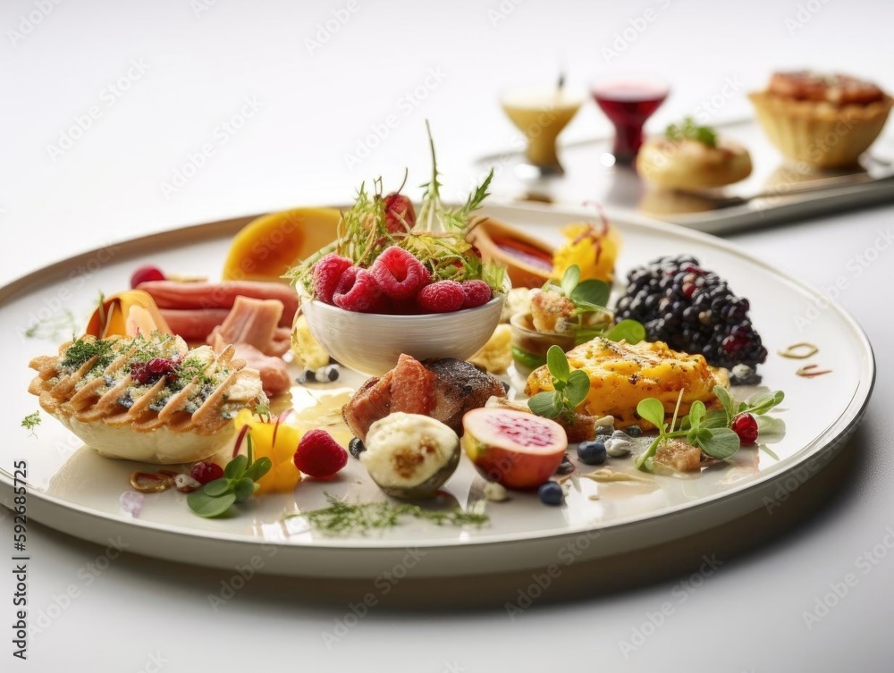 Close-Up of Colorful Dropdown Plate Filled with Food. Close-Up of Colorful Dropdown Plate Filled with Food.