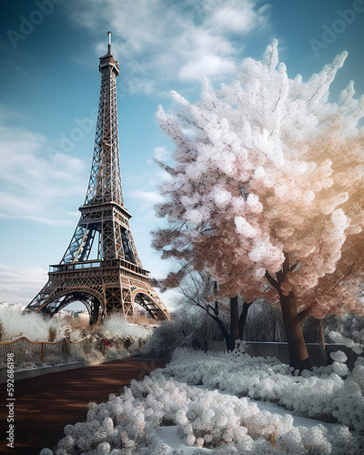 A stunning, ultra-realistic illustration of the Eiffel Tower in spring and winter together