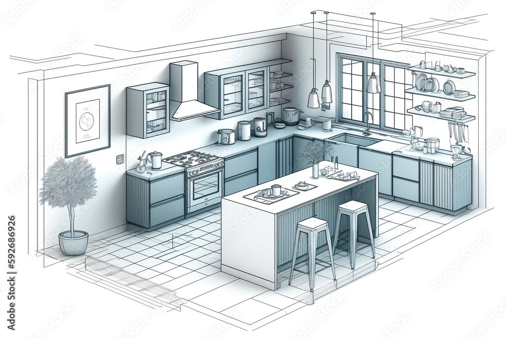 Modern Kitchen Interior Design Drawing with Furniture Layout Plans. AI