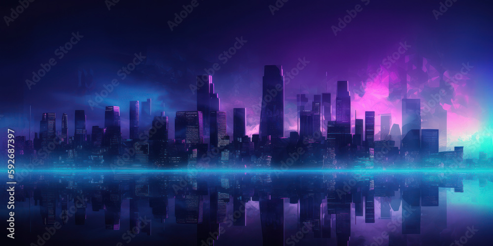 Modern City Skyline in Blue and Purple Hues