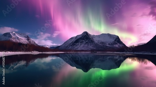 Beautiful Northern Lights above mountain and river. Generative AI